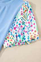 Light Blue Textured Bodice Contrast Floral Sleeve Plus Size Top