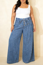 Sky Blue Stripe Plus Size Buttoned Loose Wide Leg Denim Pants