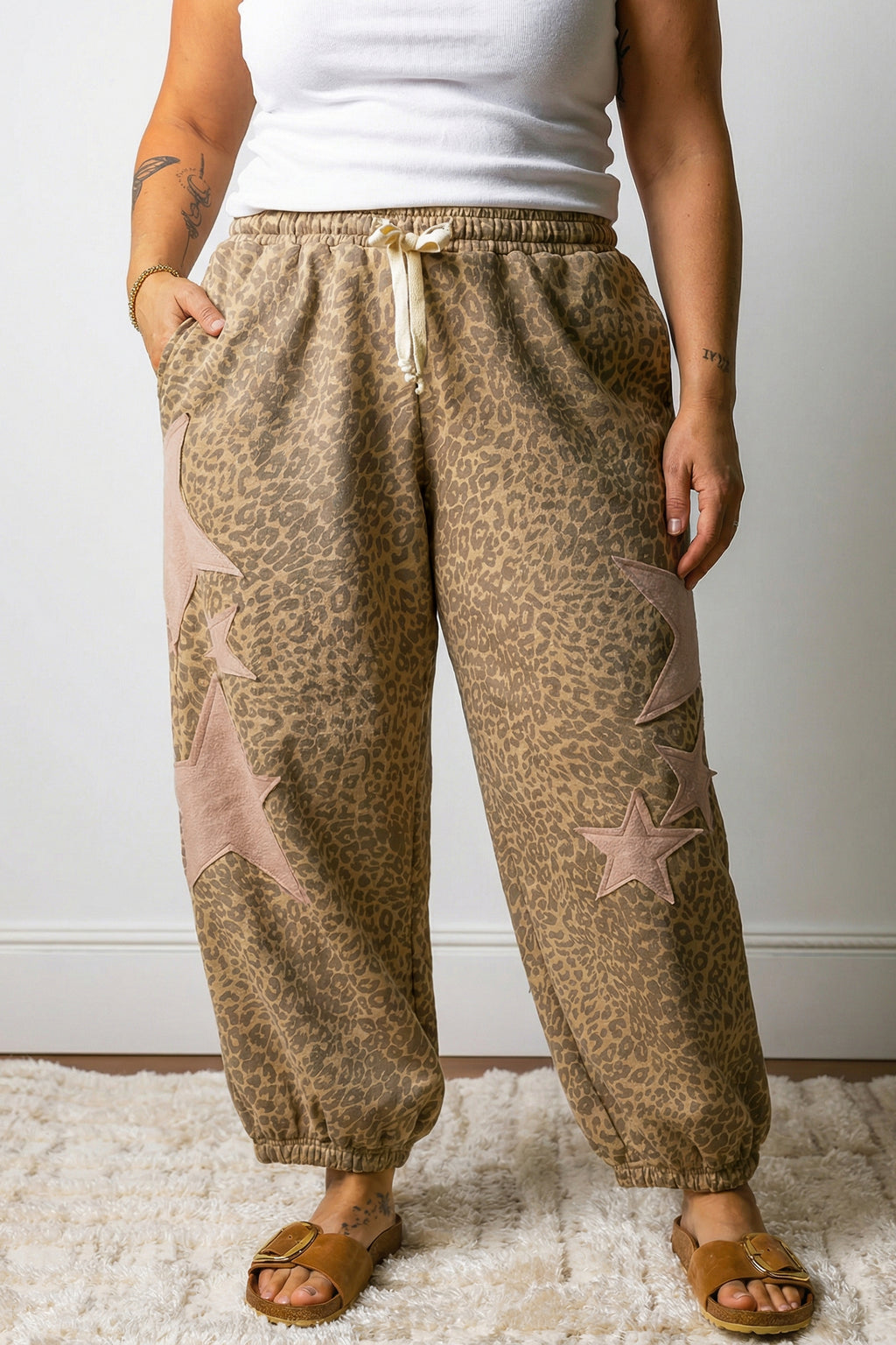 Khaki Plus Size Leopard Print Western Star Patched Jogger Pants