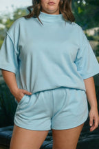 Mist Blue Solid Color Mock Neck Half Sleeve Top Plus Size 2pcs Short Set