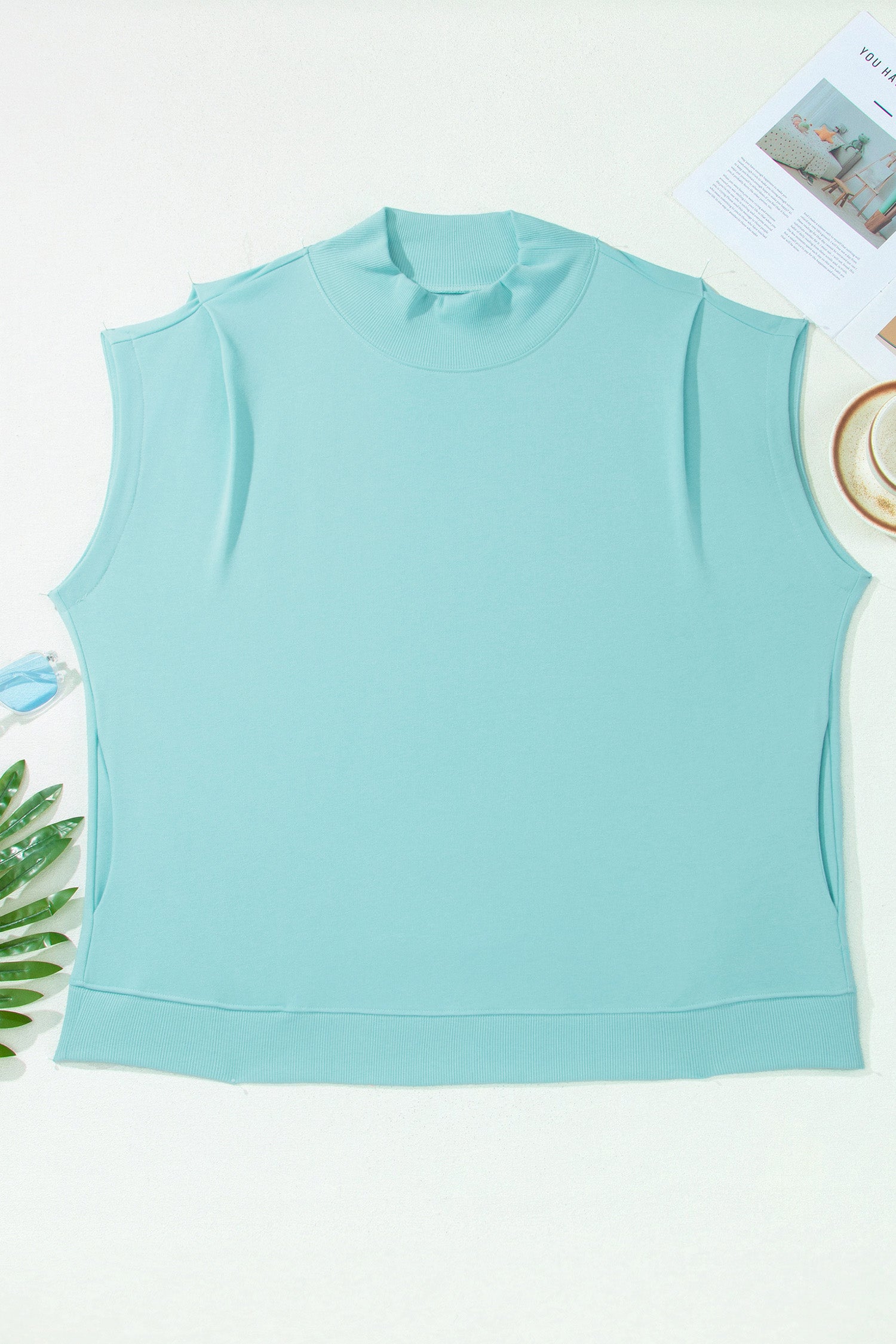 Mint Green Plus Size High Neck Cap Sleeve Top