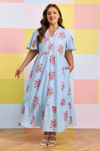 Sky Blue Plus Size Floral Print Scalloped Trim V-Neck Dress