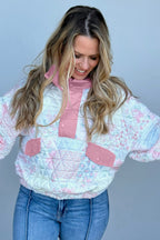 Pink Floral Quilted V-Neck Plus Size Fake Pocket Sweatshirt