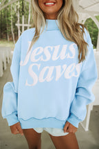 Fiery Red Jesus Saves Slogan Print Stand Neck Baggy Sweatshirt