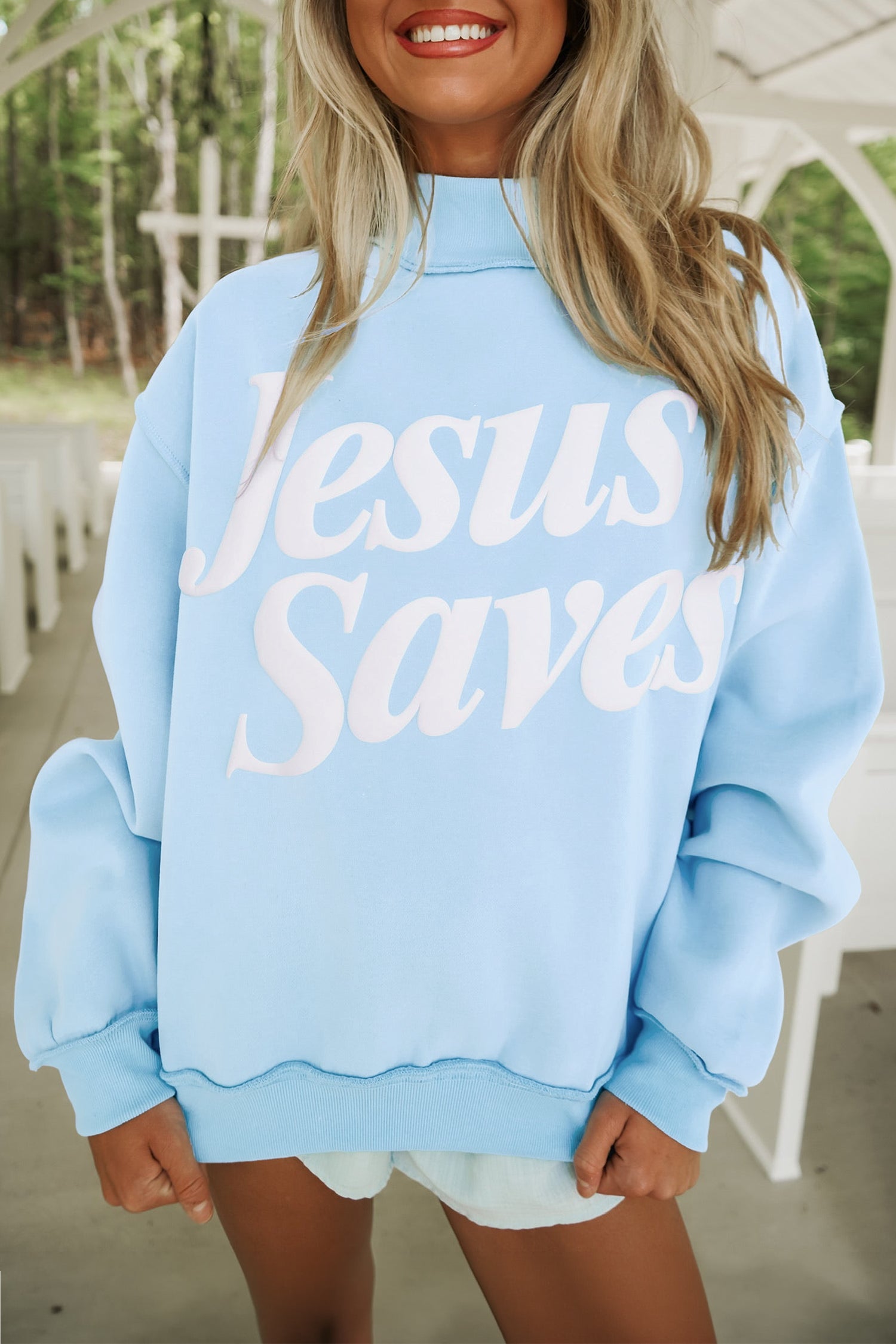 Fiery Red Jesus Saves Slogan Print Stand Neck Baggy Sweatshirt