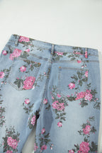 Sky Blue Plus Size Floral Print Ankle Length Loose Jeans