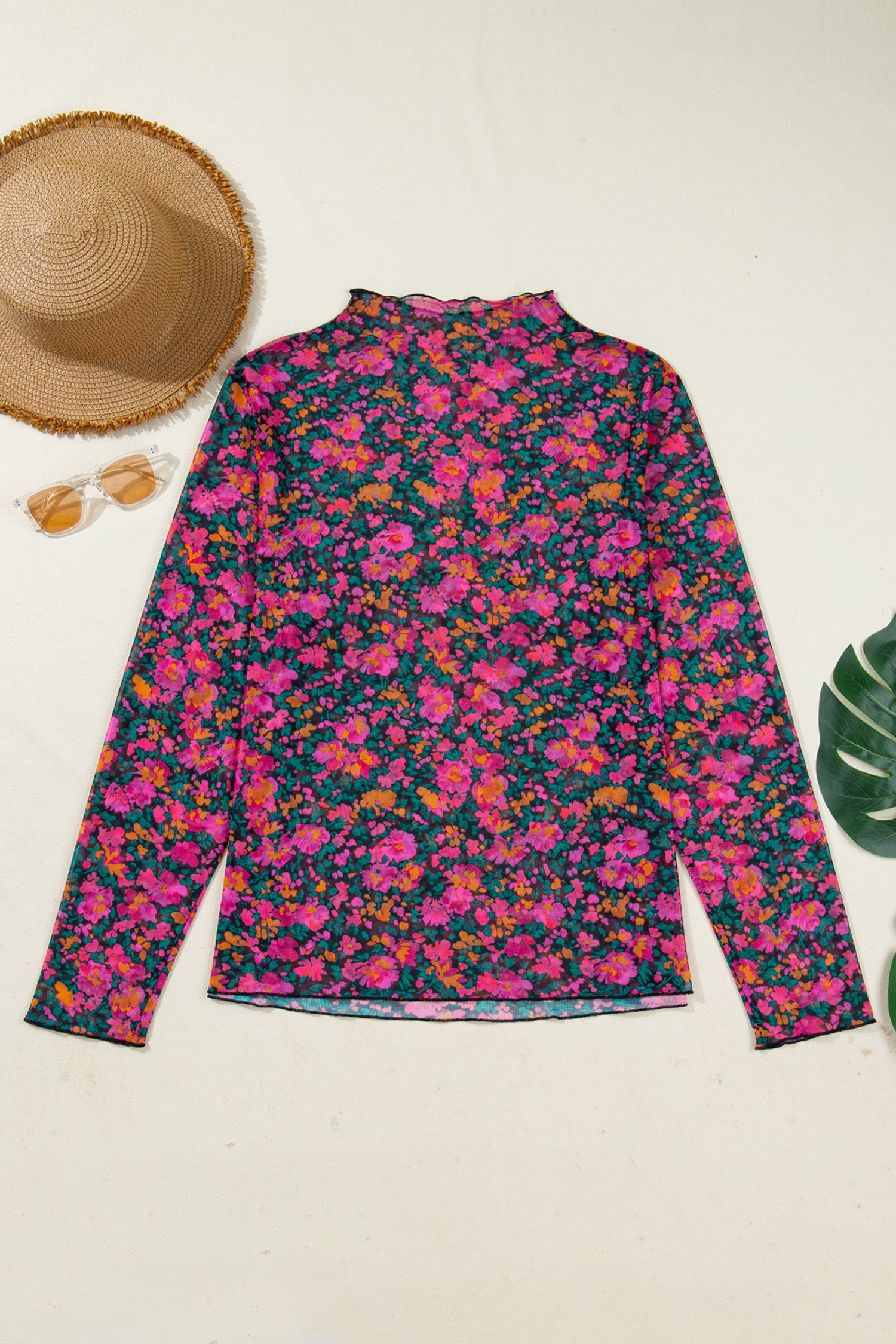 Rose Plus Size Vintage Floral Print Mesh Long Sleeve Top