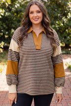 Brown Stripe Colorblock Detail Collar V Neck Plus Size Long Sleeve Top
