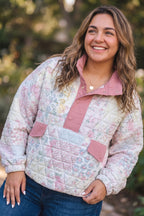 Pink Floral Quilted V-Neck Plus Size Fake Pocket Sweatshirt