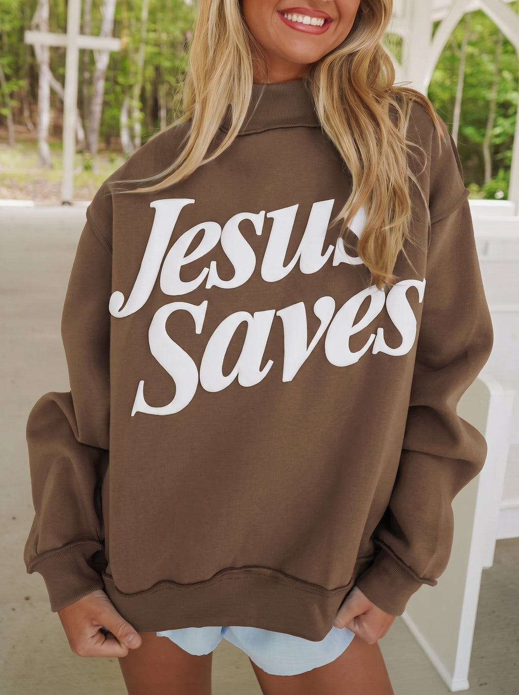Fiery Red Jesus Saves Slogan Print Stand Neck Baggy Sweatshirt