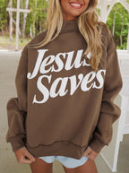 Fiery Red Jesus Saves Slogan Print Stand Neck Baggy Sweatshirt