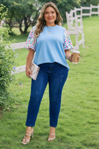 Light Blue Textured Bodice Contrast Floral Sleeve Plus Size Top