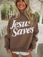 Fiery Red Jesus Saves Slogan Print Stand Neck Baggy Sweatshirt
