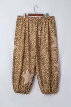 Khaki Plus Size Leopard Print Western Star Patched Jogger Pants