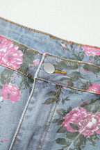 Sky Blue Plus Size Floral Print Ankle Length Loose Jeans