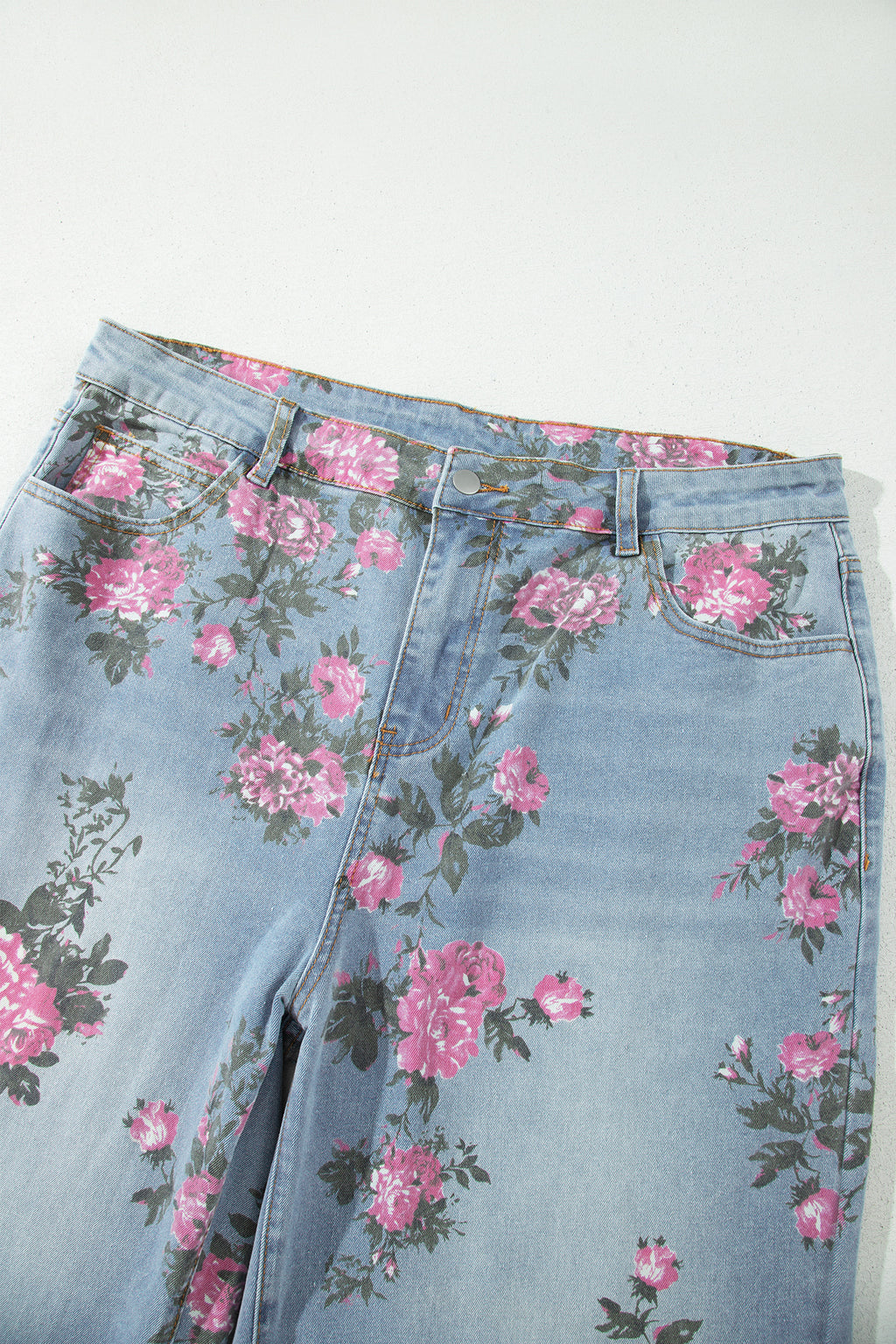 Sky Blue Plus Size Floral Print Ankle Length Loose Jeans