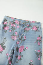 Sky Blue Plus Size Floral Print Ankle Length Loose Jeans