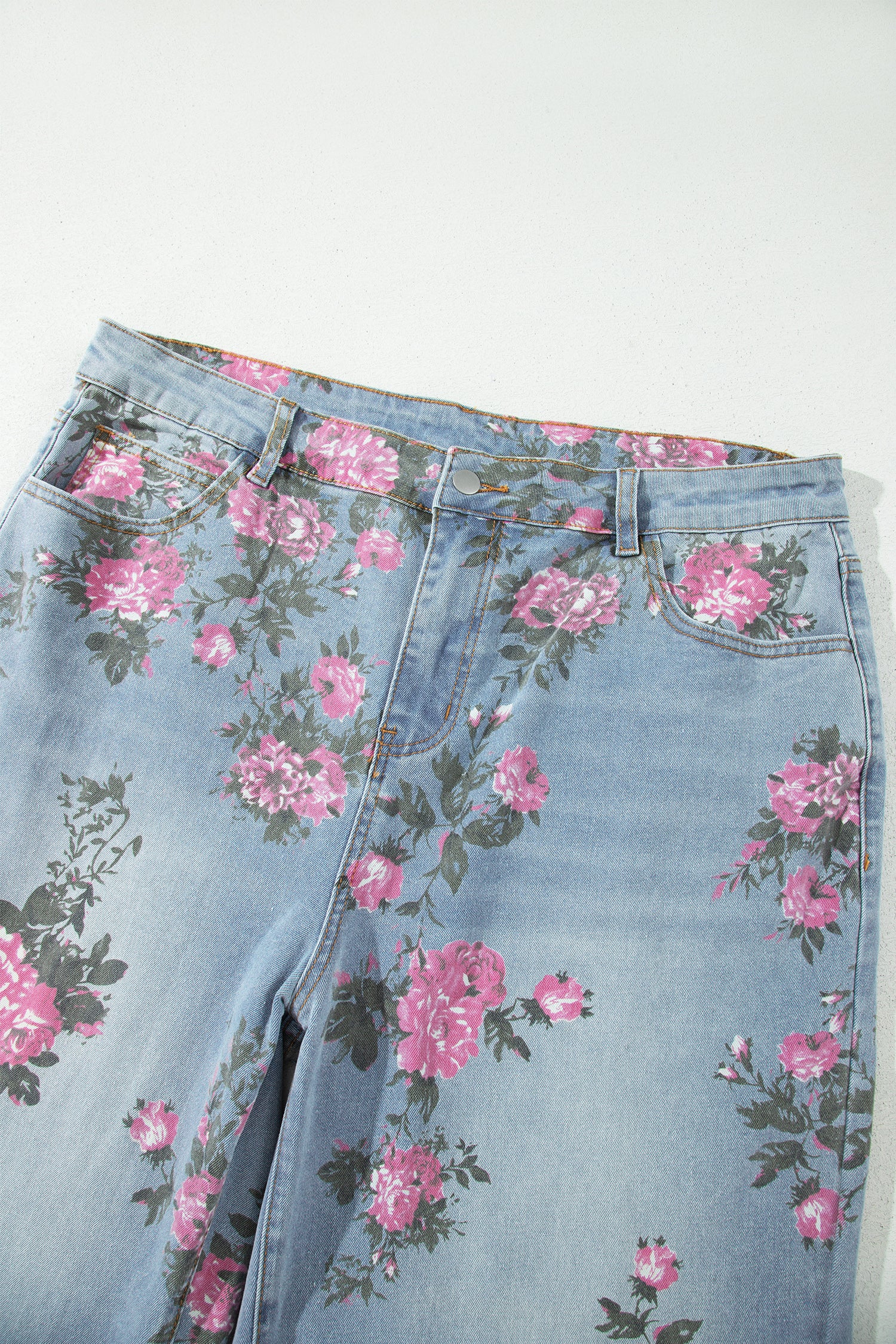 Sky Blue Plus Size Floral Print Ankle Length Loose Jeans