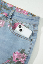 Sky Blue Plus Size Floral Print Ankle Length Loose Jeans