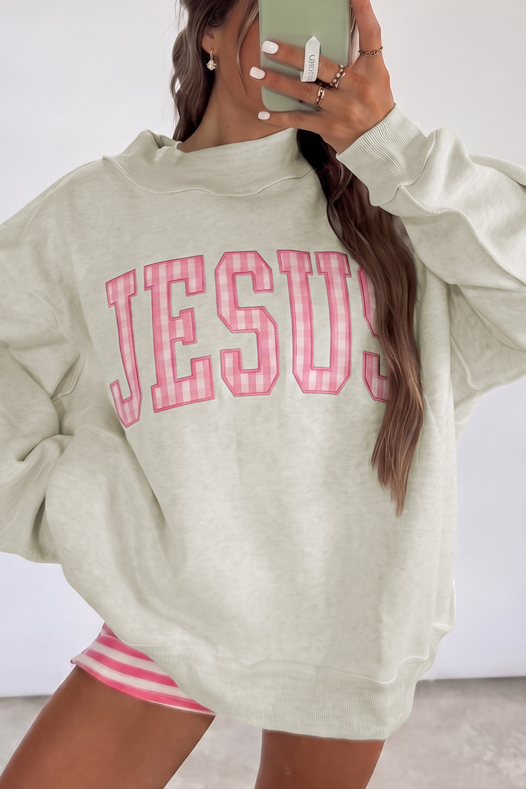 Light Grey High Neck Polka Dot Slogan Printed Baggy Sweatshirt
