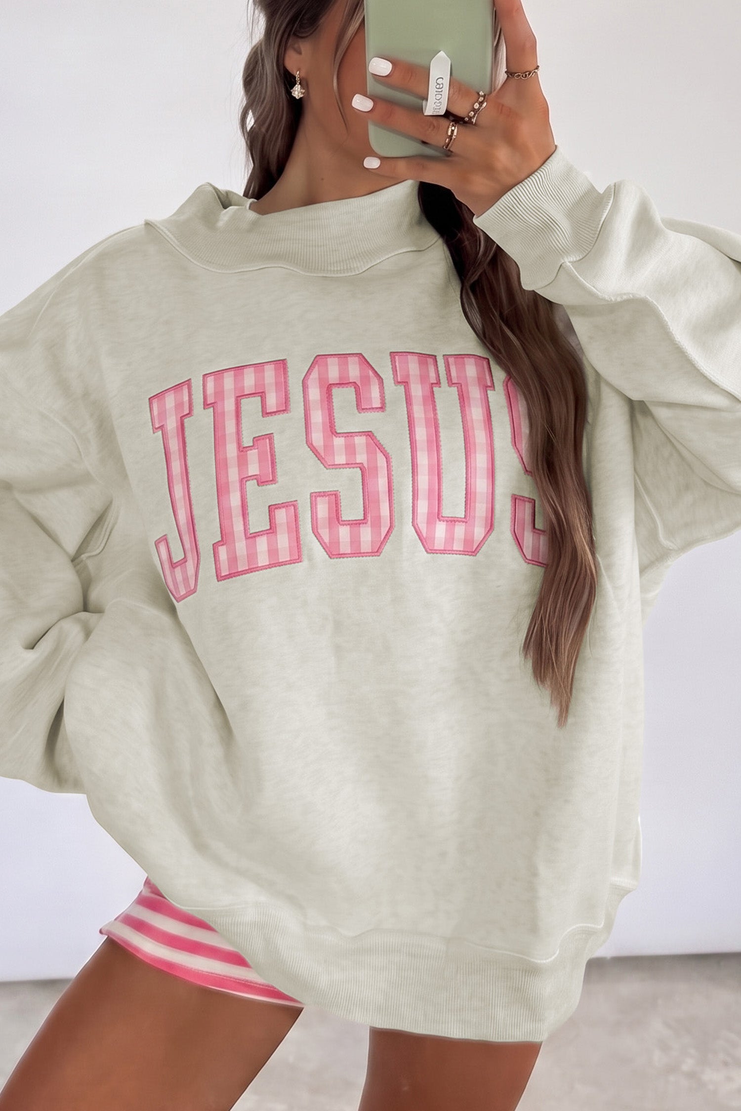Light Grey High Neck Polka Dot Slogan Printed Baggy Sweatshirt