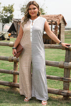 Gray Stripe Plus Size Color Block Buttoned Sleeveless Wide Leg Jumpsuit