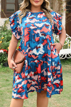 Blue Abstract Print Shirred Ruffled Short Sleeve Tiered Plus Size Mini Dress