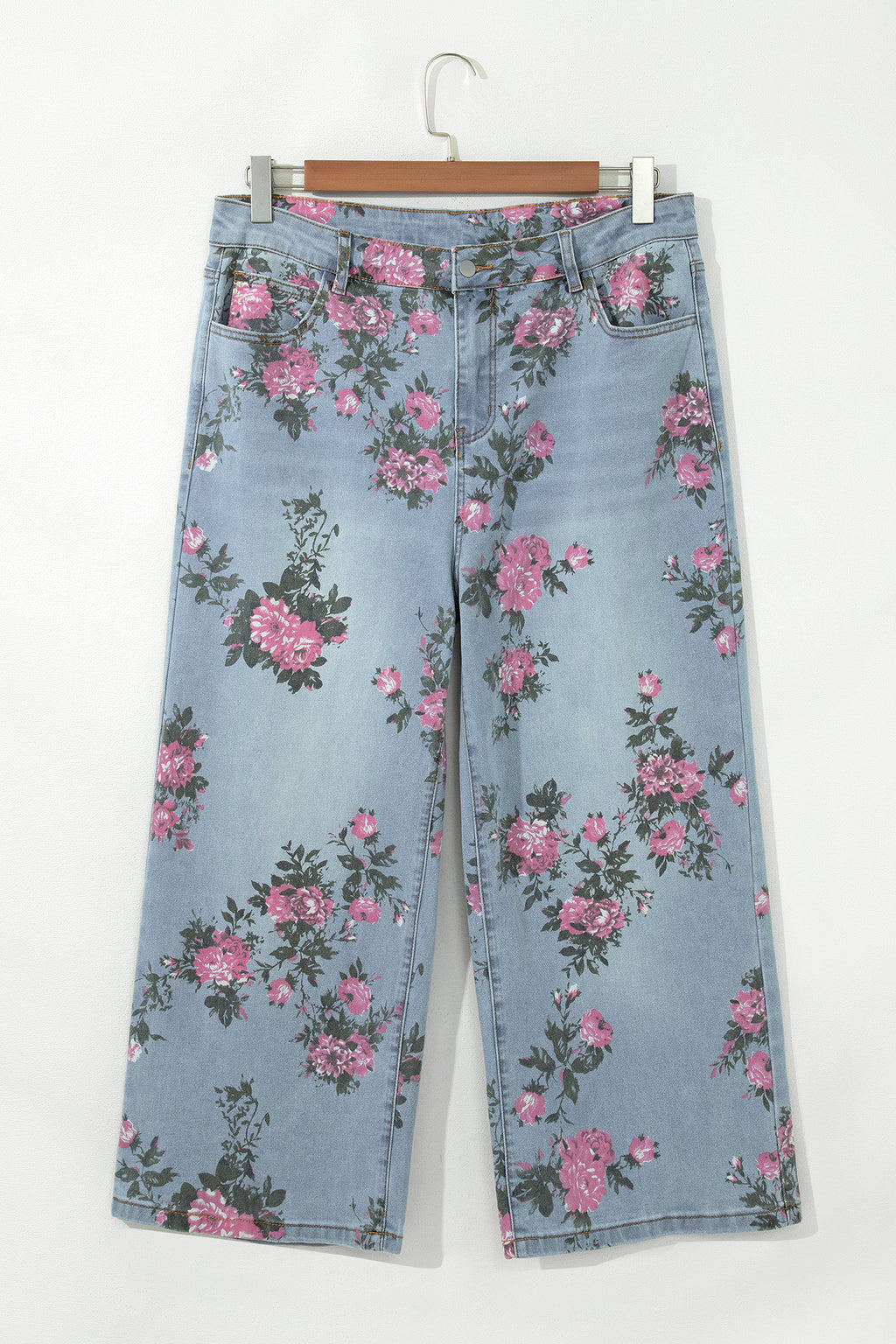 Sky Blue Plus Size Floral Print Ankle Length Loose Jeans