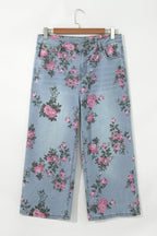 Sky Blue Plus Size Floral Print Ankle Length Loose Jeans
