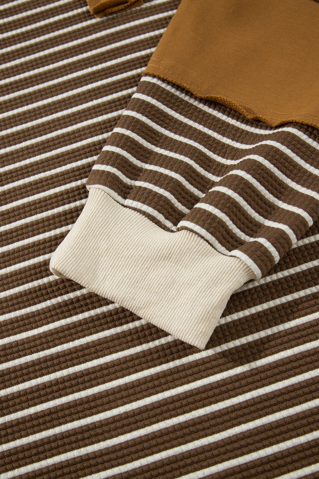 Brown Stripe Colorblock Detail Collar V Neck Plus Size Long Sleeve Top