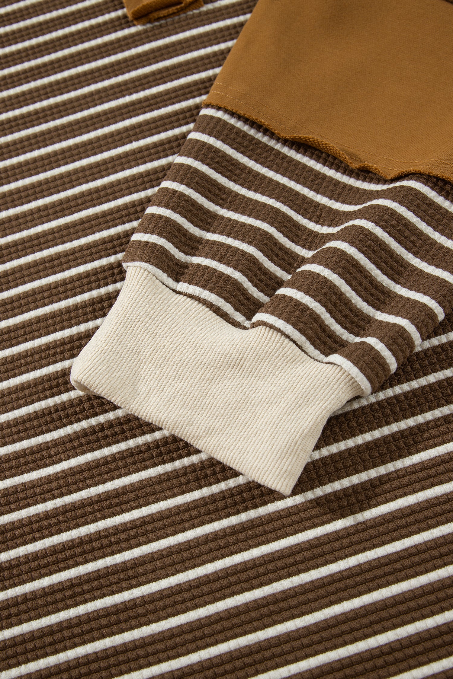 Brown Stripe Colorblock Detail Collar V Neck Plus Size Long Sleeve Top