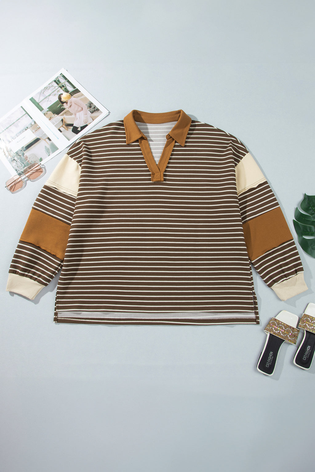 Brown Stripe Colorblock Detail Collar V Neck Plus Size Long Sleeve Top