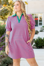 Rose Stripe Collared V Neck Puff Sleeve Shift T Shirt Dress with Pockets