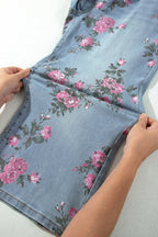 Sky Blue Plus Size Floral Print Ankle Length Loose Jeans