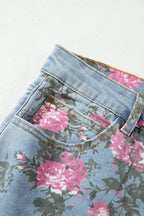 Sky Blue Plus Size Floral Print Ankle Length Loose Jeans
