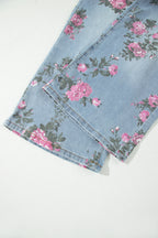 Sky Blue Plus Size Floral Print Ankle Length Loose Jeans