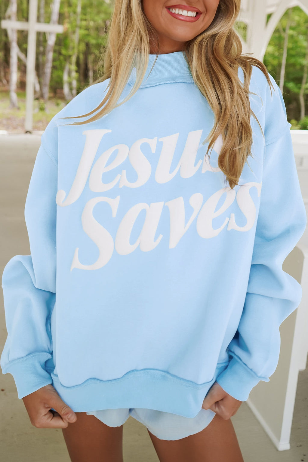 Fiery Red Jesus Saves Slogan Print Stand Neck Baggy Sweatshirt